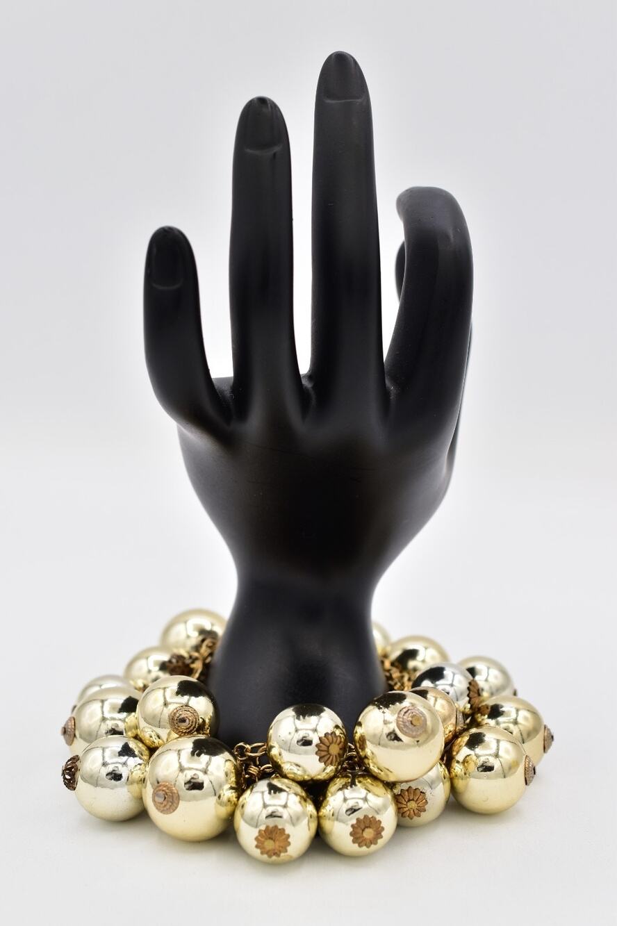 Vintage Ornament Ball Beaded Chain Bracelet Shiny Gold Tone Chunky 1970s BinAW